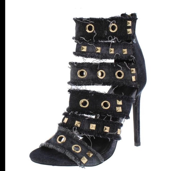 Black Denim Frayed Distress Studded Strappy Heels - Picture 2 of 4